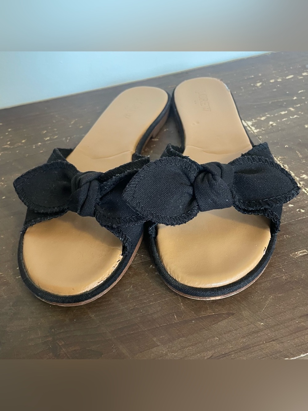 J. Crew Black Knotted Bow Slide Sandals with Tan Footbed